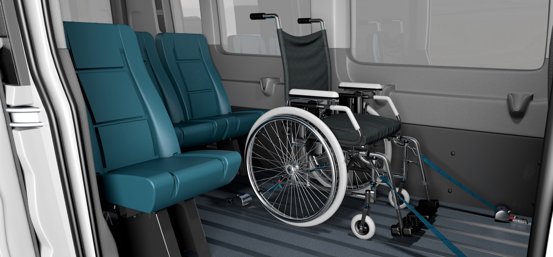 A wheel chair installed in front of blue seats on an ALFO flooring system inside of a van